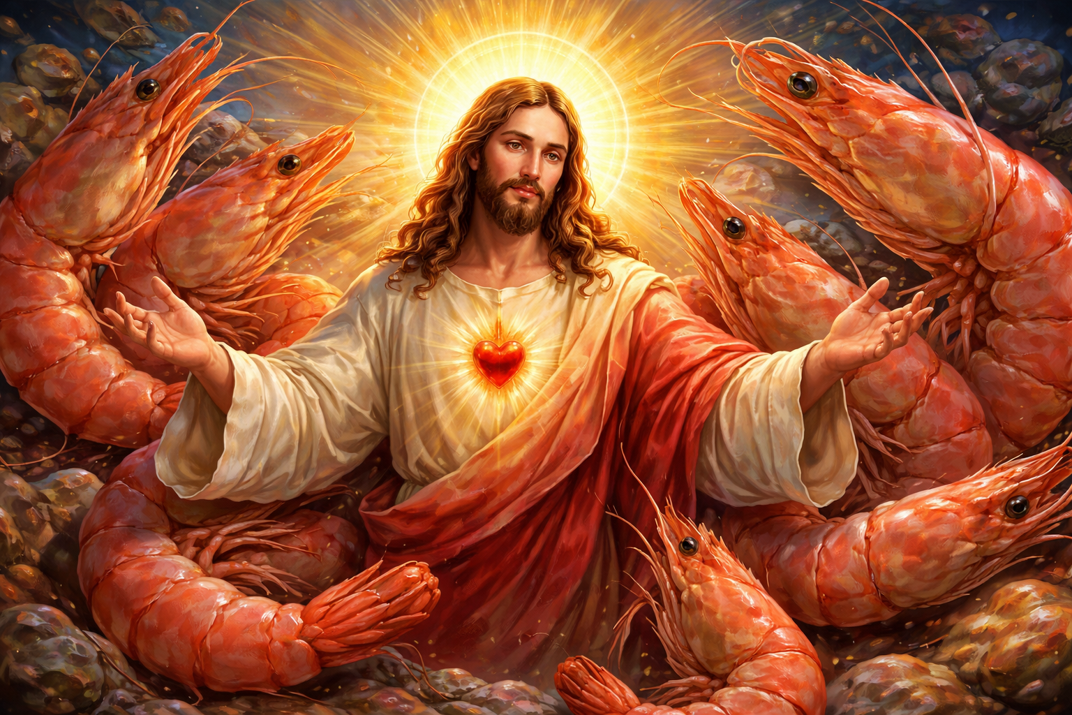 ShrimpJesus - Das virale AI Slop Beispiel: KI-generiertes Bild mit religiöser Symbolik und Shrimps