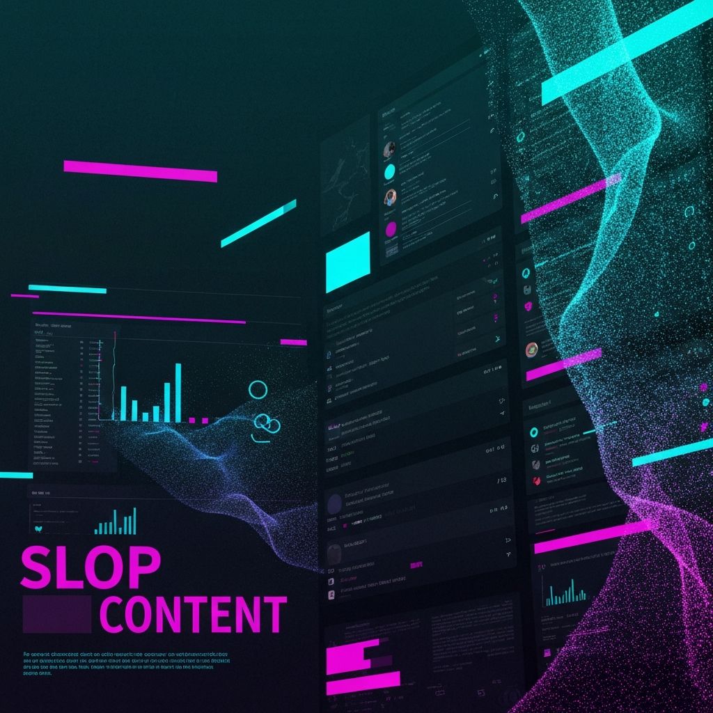 Abstrakte digitale Darstellung von Slop Content: Schnelle Content-Ströme und Social-Media-Feeds mit dynamischen Datenvisualisierungen